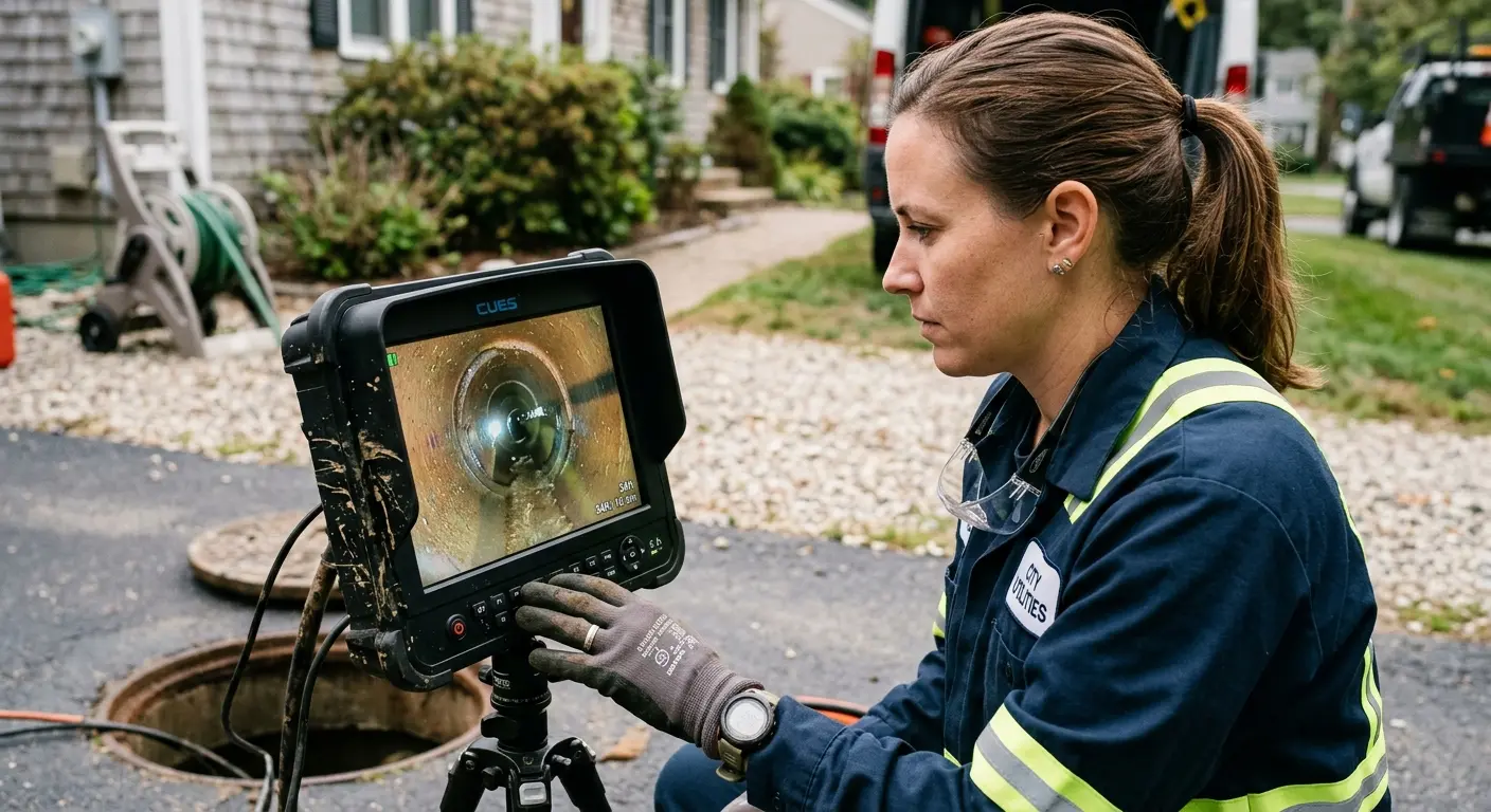 Technician reviewing sewer camera inspection footage in Monson