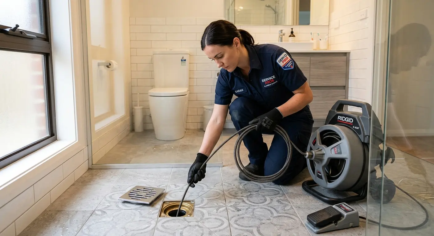 Technician clearing a bathroom floor drain for Sewer Line Replacement in Monson